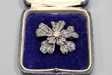 An early 20th Century yellow and white metal diamond set flower head brooch.