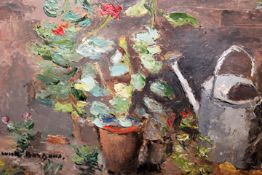 Lucette de la Fougere (nee Burgaud) (1921-2010),Geraniums and a watering can,signed Lucette