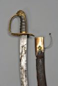 An 1803 Pattern Infantry Officer`s sword, 79cm curved blade etched with mythical beasts and stands