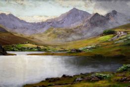 Alfred Oliver (exh. 1886-1921),Snowdon and the horseshoe, lakes in the foregroung,signed,oil on