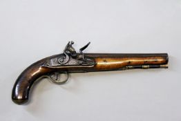 A flintlock holster pistol by Bond, 9inch slightly swamped browned barrel, stepped lock (