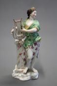 A late 19th Century Meissen figure of a classical lady with lyre by a pedestal.