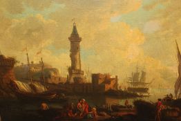 Manner of Claude Joseph Vernet,Figures and boats by a Continental port,oil on canvas,31.5 x 44.5cm.