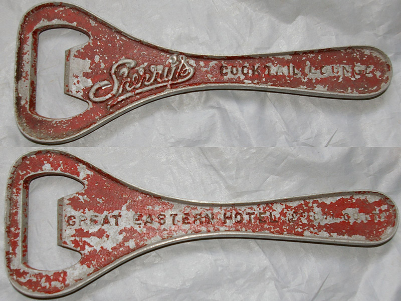 A large, advertising Bottle Opener engraved one side `Sherry`s Cocktail Lounge` and on the other