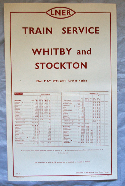 LNER Letterpress Poster 12½" x 20" with `winking eye` logo; Train Service Whitby and Stockton 22nd