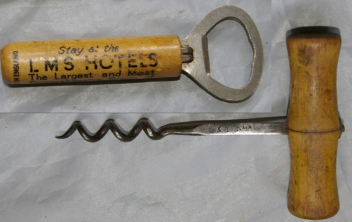 L&YR wooden handled Corkscrew, marked with company initials on the shank. Together with a LMS Hotels