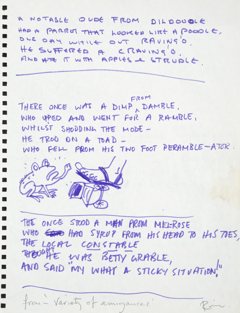 RONNIE WOOD HANDWRITTEN AND ILLUSTRATED LIMERICKS A purple marker on paper two-sided sheet of