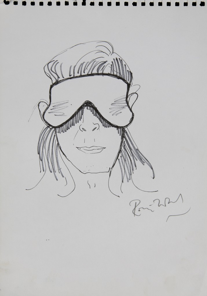 RONNIE WOOD SKETCH OF A FIGURE IN AN EYE MASK A pen and ink sketch on paper of an unidentified