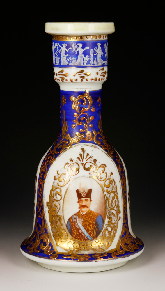 Late 19th century or early 20th century Persian bottle, porcelain, with medallions on sides, 10 1/