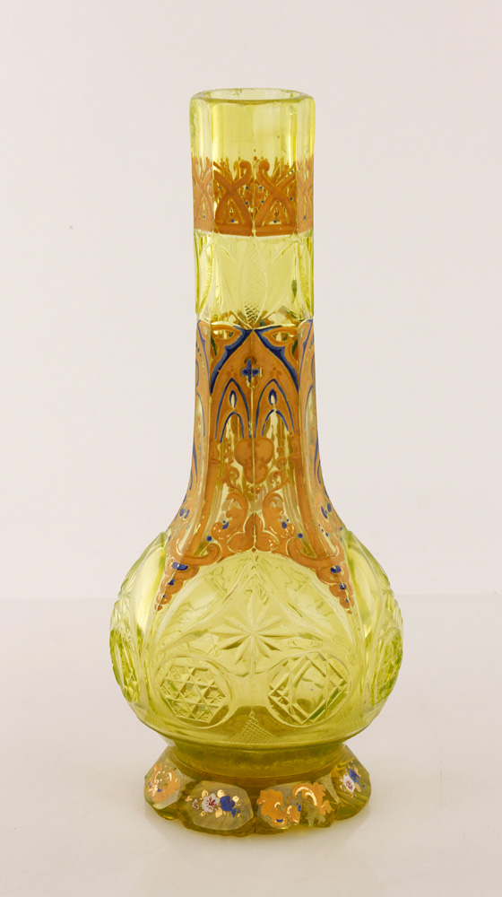 19th century Bohemian glass vase, gold overlay on opaline glass, 11"" h x 4 1/2"" dia. Provenance: