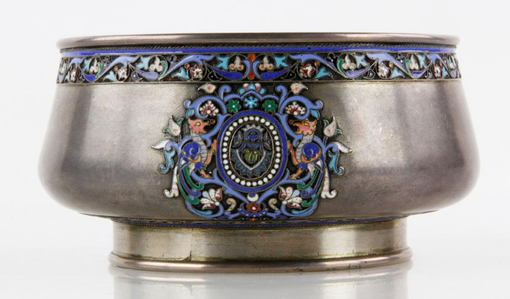 Russian enameled bowl, silver, marked 88 for .916 silver, St George and the Dragon for Moscow,