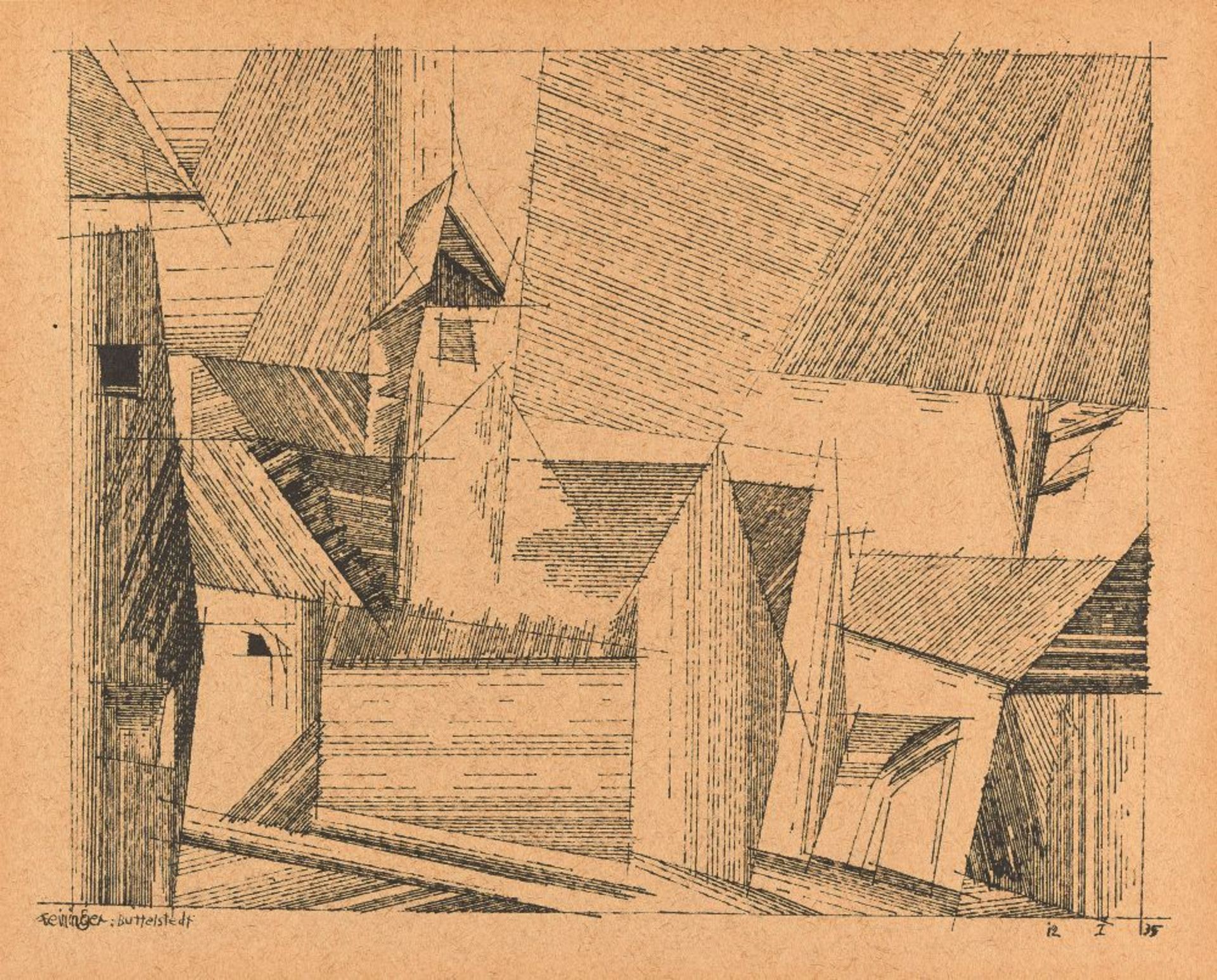 LYONEL FEININGER  1871 - New York - 1956    "Buttelstedt".    Tuschfeder auf Werkdruckpapier. (19)