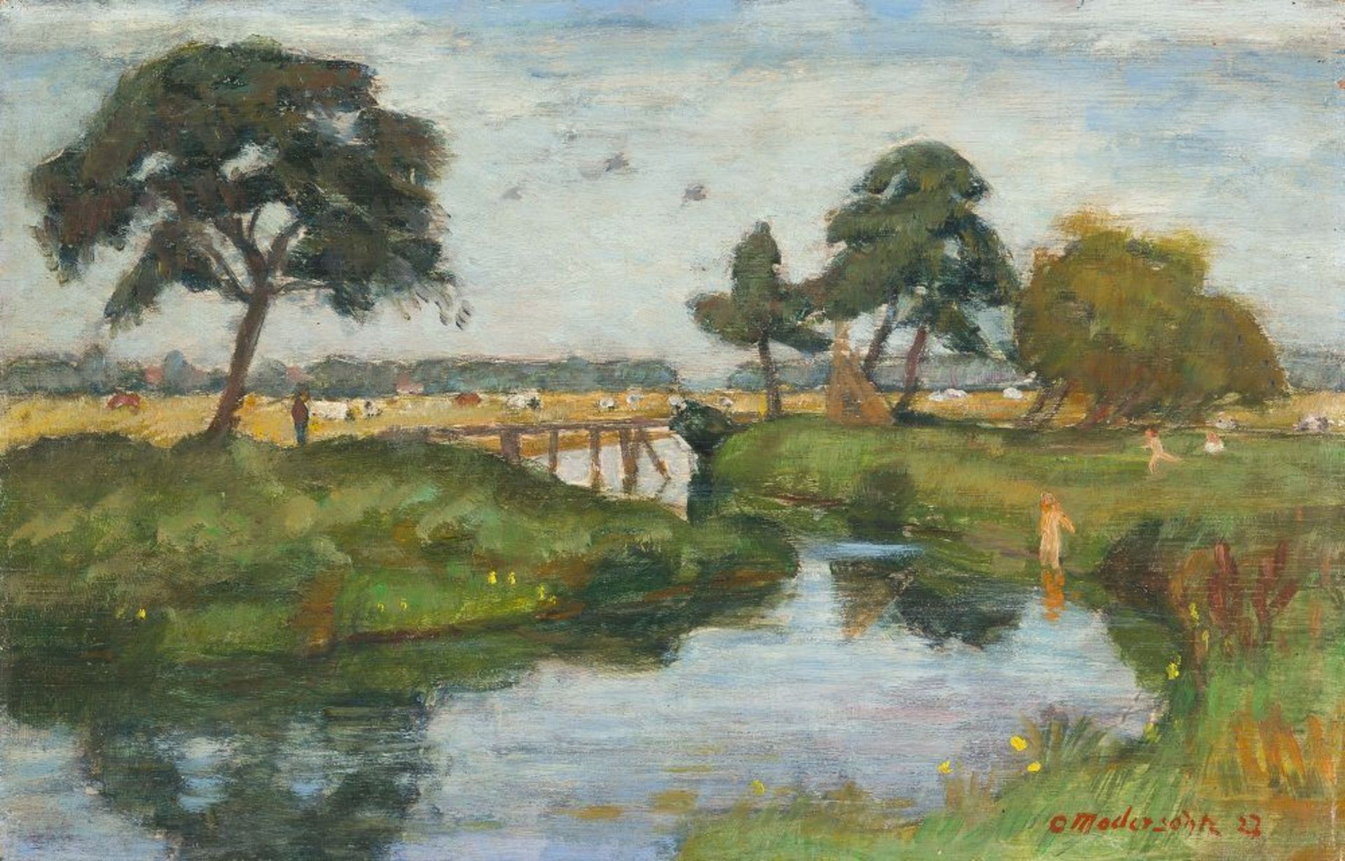 OTTO MODERSOHN  1865 Soest - Rotenburg 1943    "An der Schleuse".    Öl auf Holz. (19)27. Ca. 22,5 :