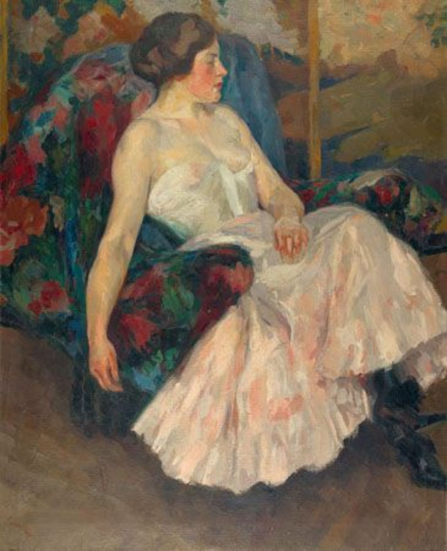 EDWARD CUCUEL
  1875 San Francisco - Pasadena 1954
  
  Dame auf einem Fauteuil.
  1910
  Öl auf