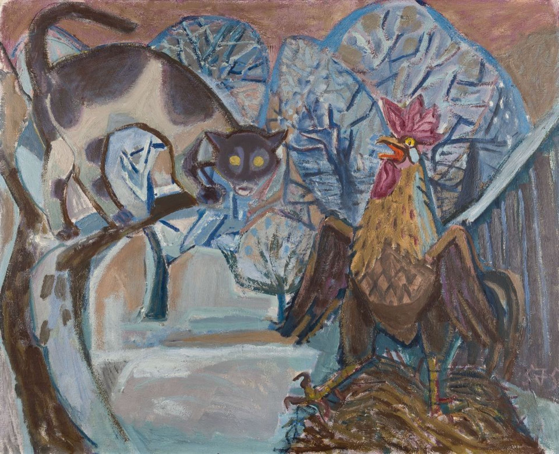 OTTO DIX  1891 Untermhaus bei Gera - Singen 1969    Hahn und Katze II.    Öl auf Leinwand. (19)55.