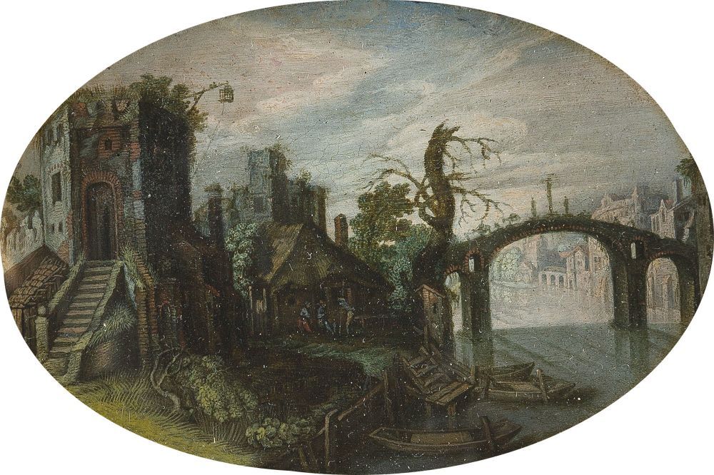 JAN VAN DE VELDE II.  1593 Delft - Enkhuizen 1641    Flusslandschaft mit Ruinen und einer Brücke.