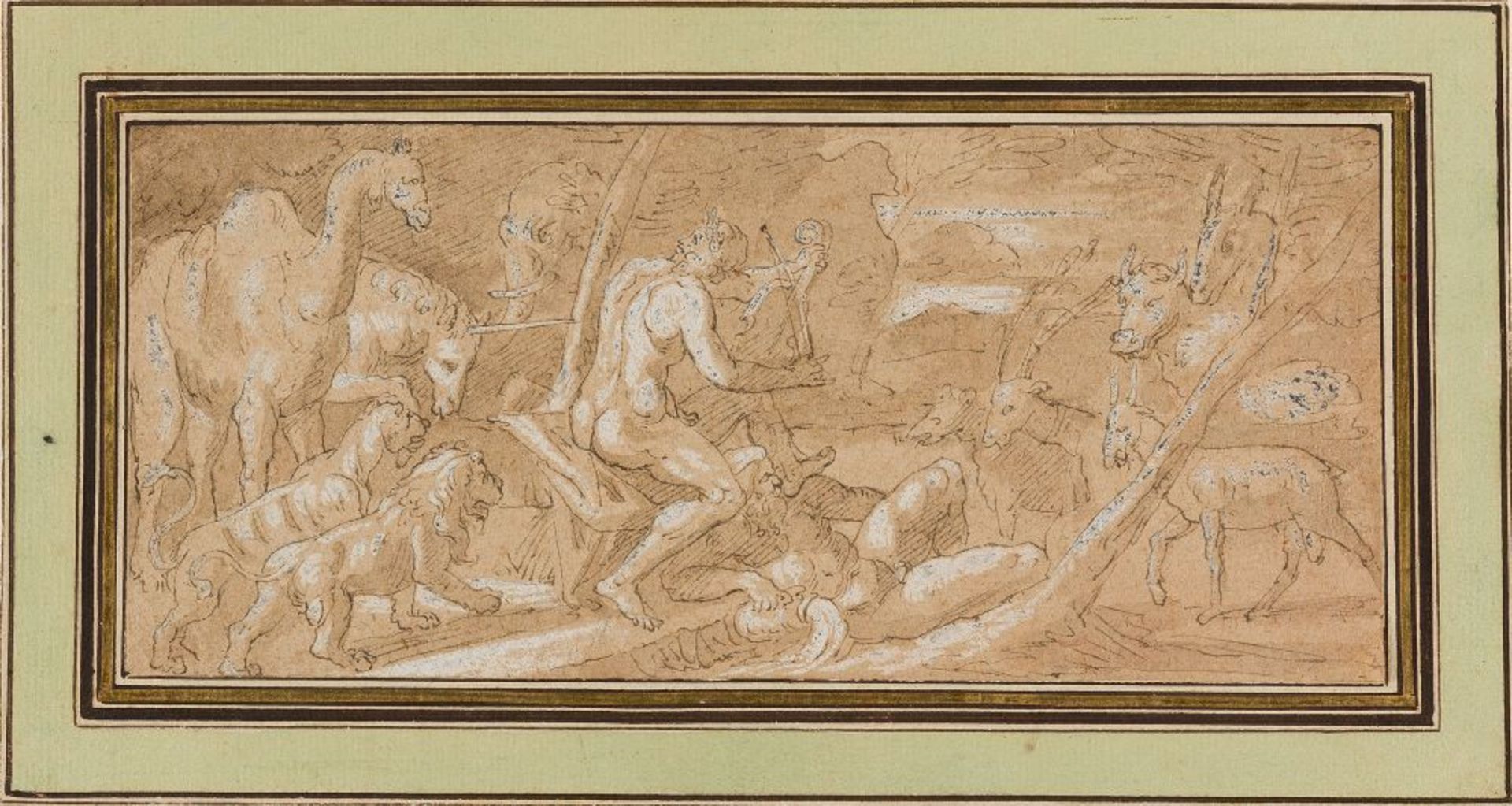 ITALIENISCH      Orpheus besänftigt durch sein Spiel die Tiere.    Feder in Braun, laviert und
