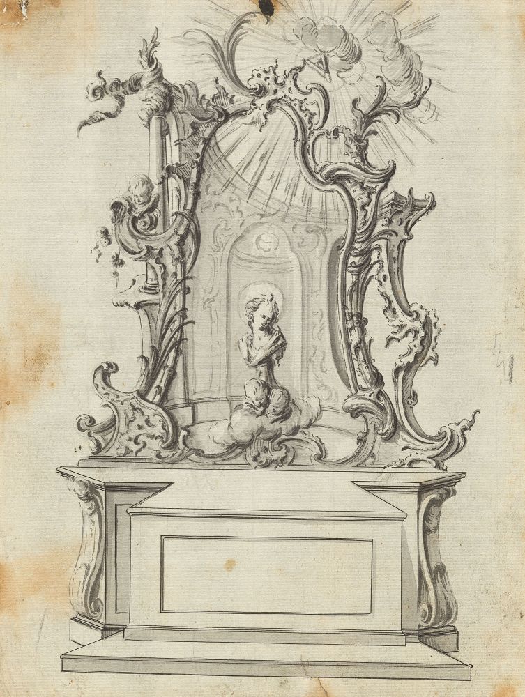 C. PUER  tätig in Augsburg um 1750    Entwurf für einen Seitenaltar.  1750  Feder in Schwarz, Pinsel