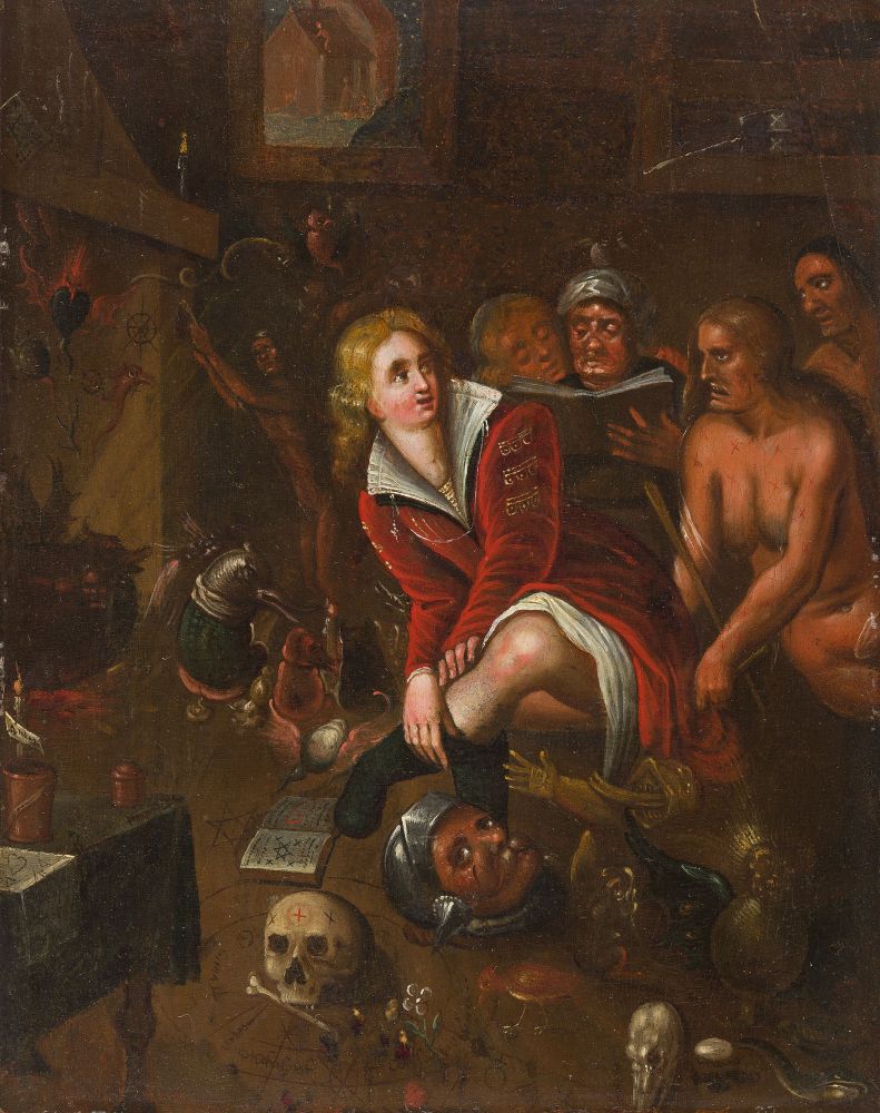 FRANS FRANCKEN II. (NACHFOLGE)  1581 - Antwerpen - 1642    Hexenküche.    Öl auf Holz. 27 : 21 cm.