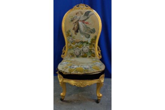 C19th Gilt Nursing Chair decorated with grospoint tapestry with angels & fantasy river scene on