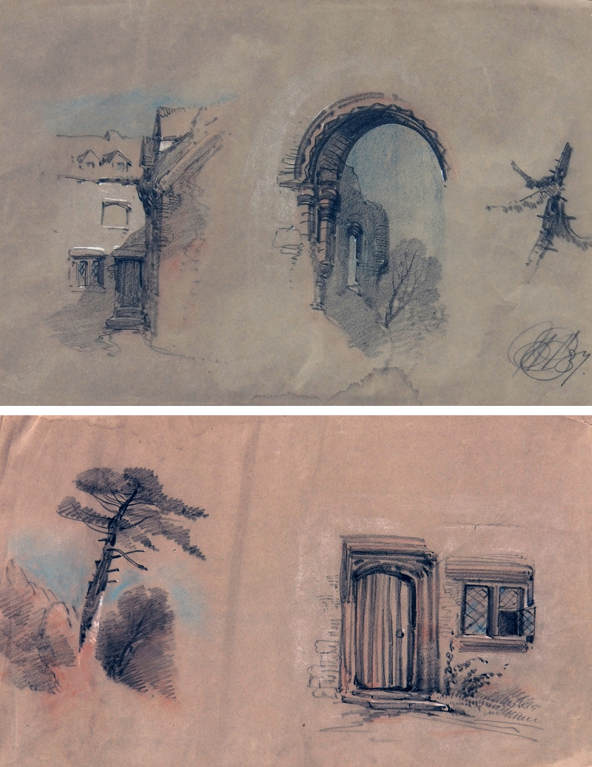 HENRY BRIGHT (1814-1873, BRITISH)  Doorways  two pastel drawings from an album, one monogrammed and