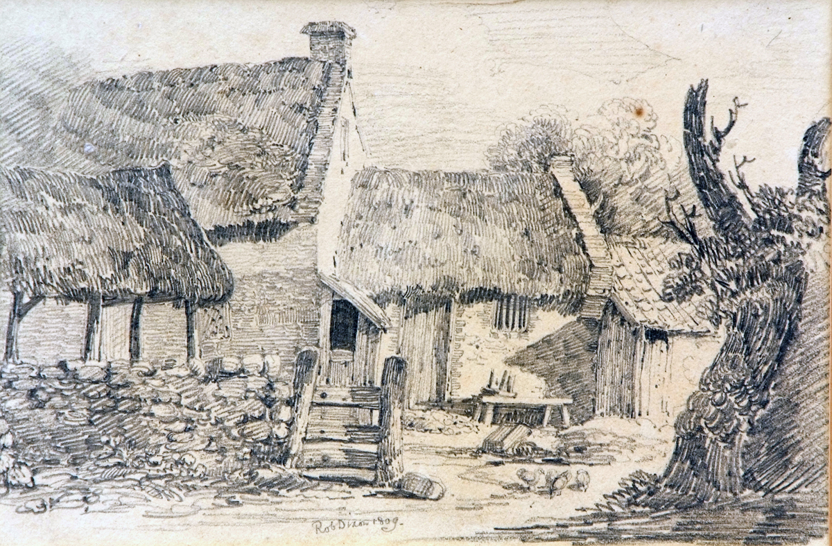 ROBERT DIXON (1780-1815, BRITISH)  Thatched Cottages  pencil drawing, signed and dated 1809 lower