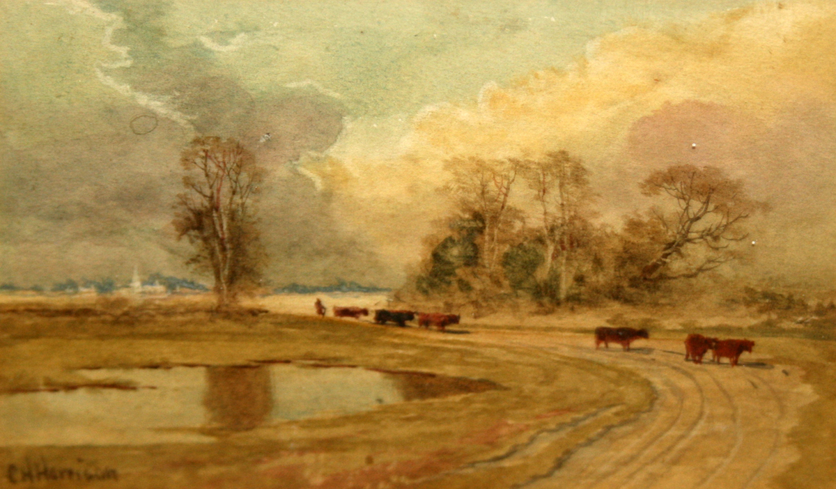 CHARLES HARMONY HARRISON (1842-1902, BRITISH)  Drover with Cattle in Norfolk Landscape