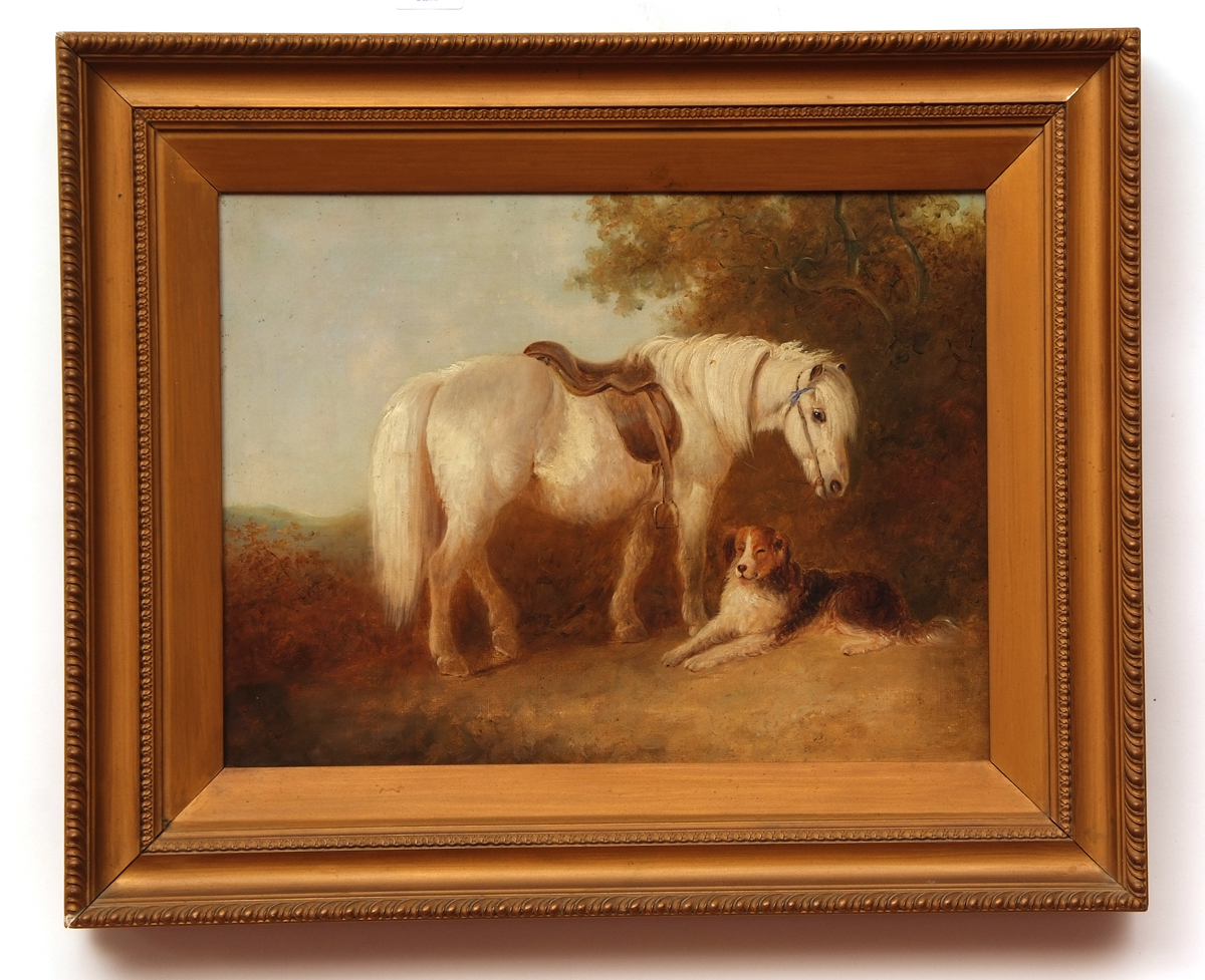 EDWARD ROBERT SMYTHE (1810-1899, BRITISH)  White Horse and Dog  oil on canvas  12 ½ x 16 ½ ins