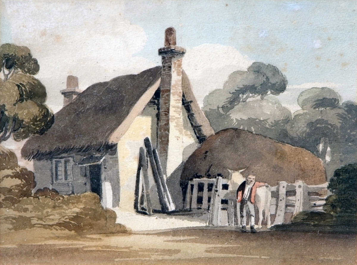 ROBERT DIXON (1780-1815, BRITISH)  Figures and Horse by Thatched Cottage  watercolour  8x 10ins