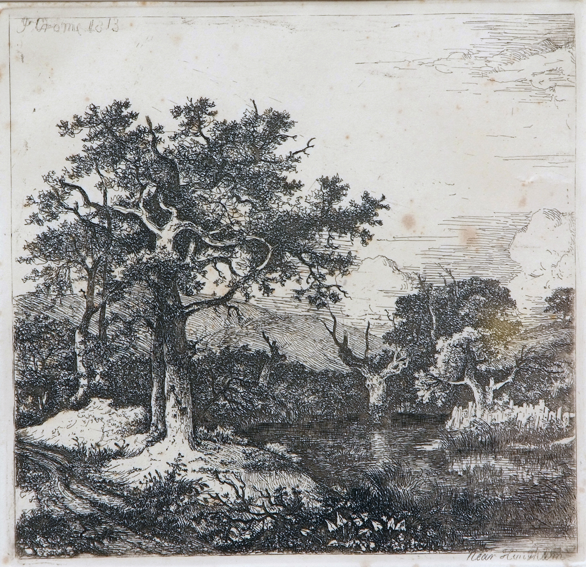 JOHN CROME (1768-1821, BRITISH)  ?Near Hingham?  black and white etching, circa 1834  6 ¼ x 6 ½ ins