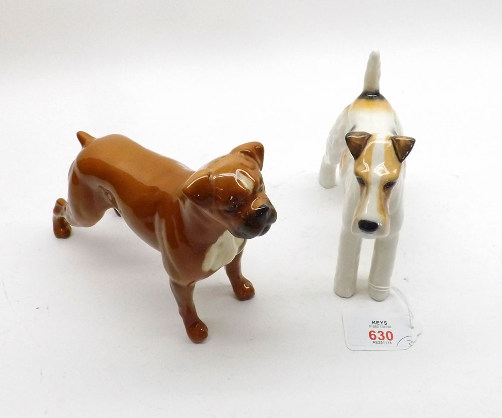 Two Beswick Models of Dogs: Wire Haired Terrier 963 (CH Talavera Romulus) and Boxer Blue Mountain