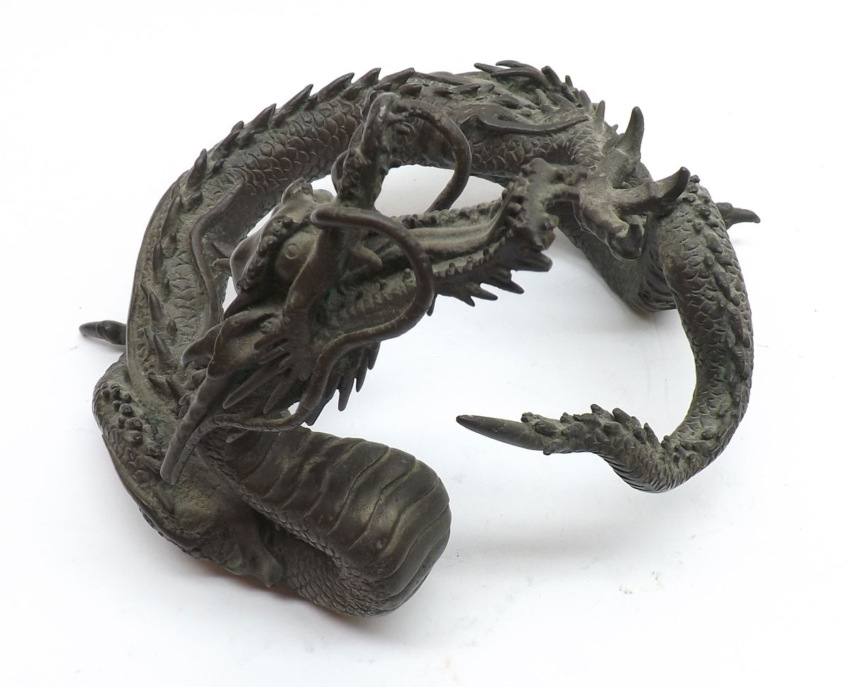 An Oriental Bronze Model of a coiled Dragon, 6? high - Image 2 of 6