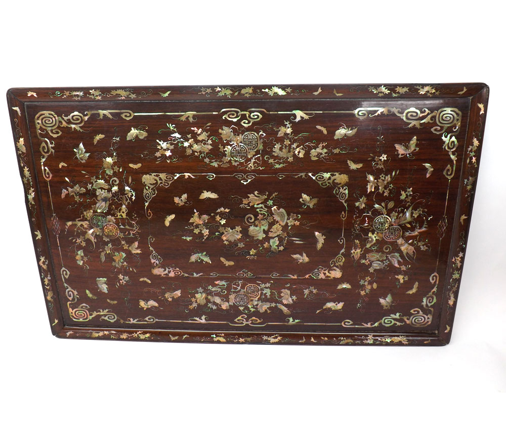 A Chinese Hardwood large Tray of rectangular form, inlaid in the Shibayama manner with lines and