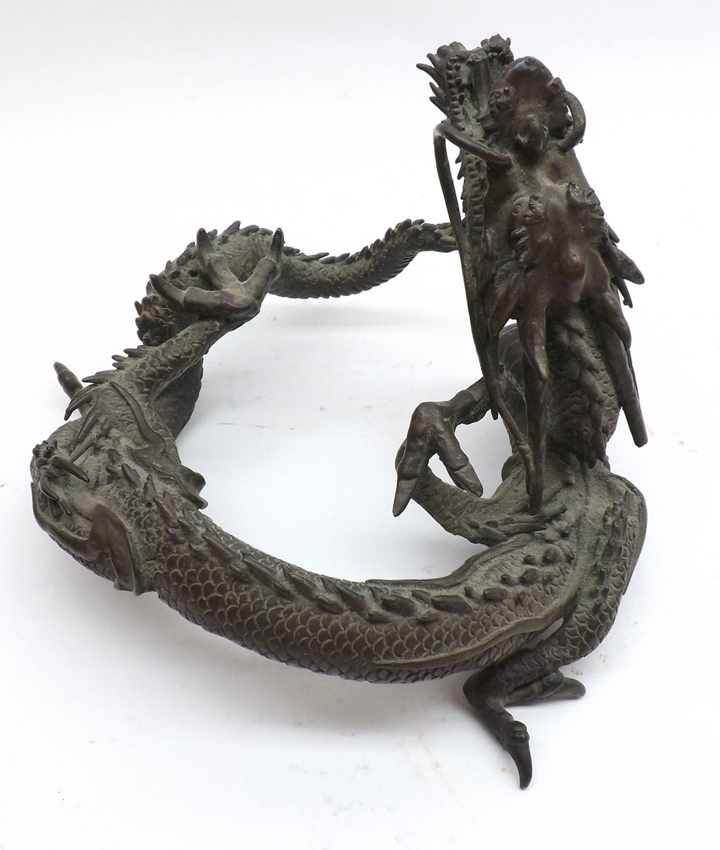 An Oriental Bronze Model of a coiled Dragon, 6? high - Image 3 of 6