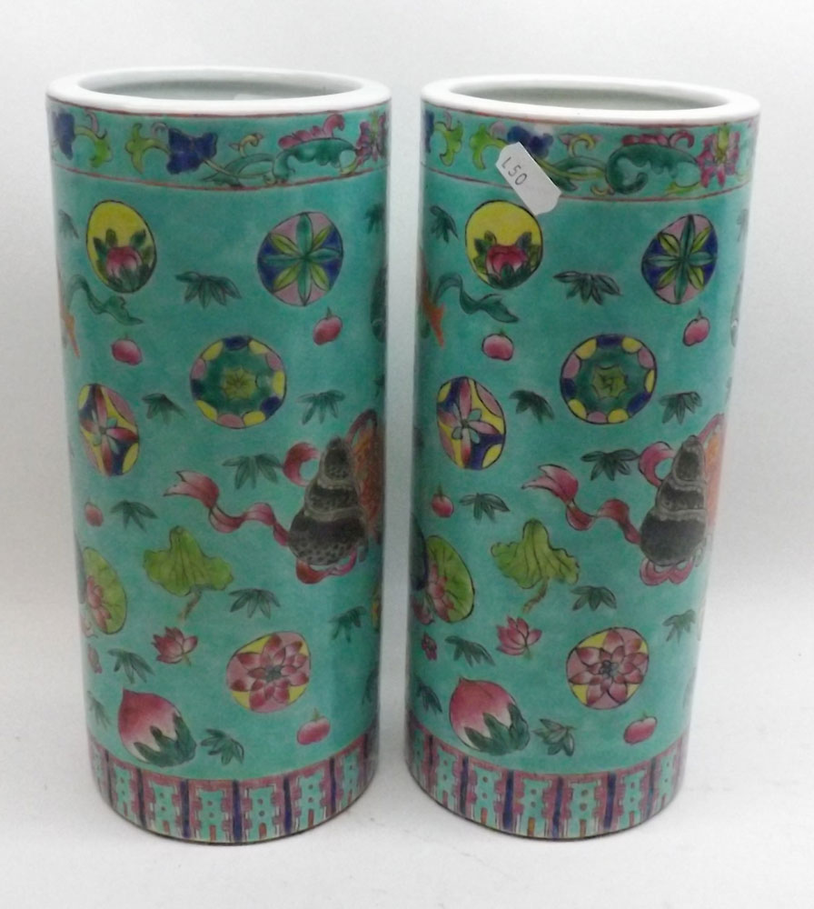 A pair of Chinese cylinder Vases, painted in colours with fish, objects, foliage, etc, 11" high - Image 3 of 7