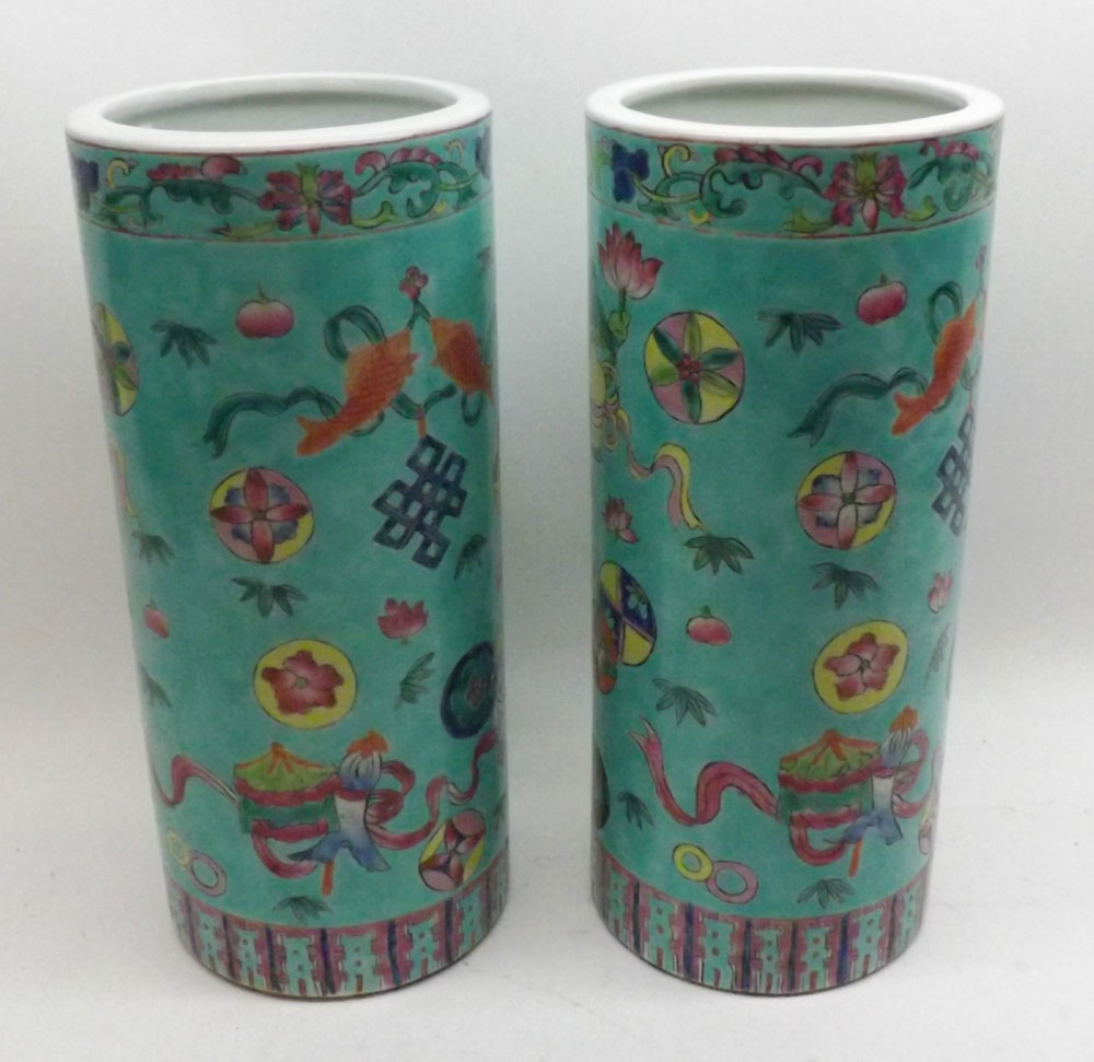 A pair of Chinese cylinder Vases, painted in colours with fish, objects, foliage, etc, 11" high - Image 2 of 7