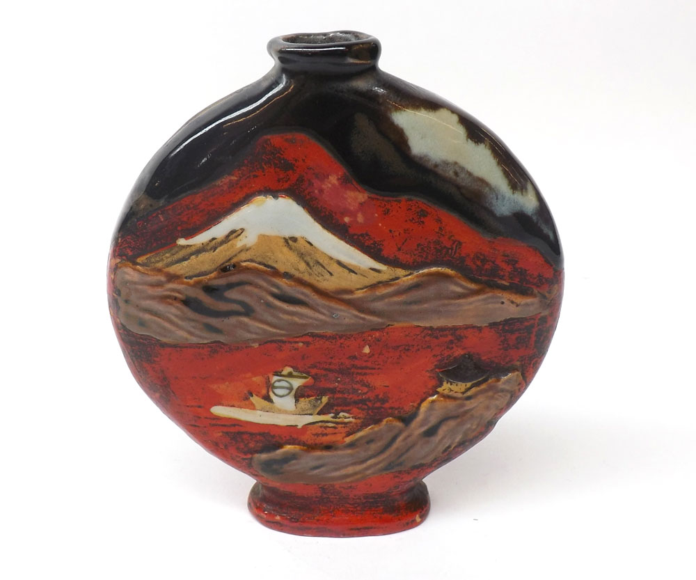 A Korean Pottery flask shaped Vase, relief decorated in colours with a Chinese river scene and