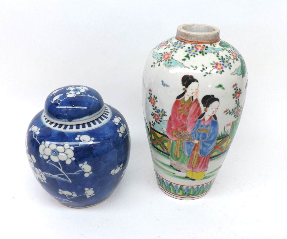 An Oriental baluster Vase (cover missing), painted predominately in famille verte with figures,