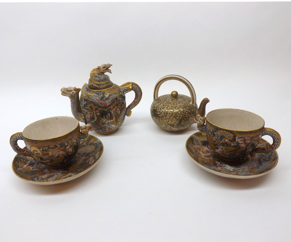 A Satsuma part Tea Service, the small Teapot, handle and spout formed as dragons head and tail