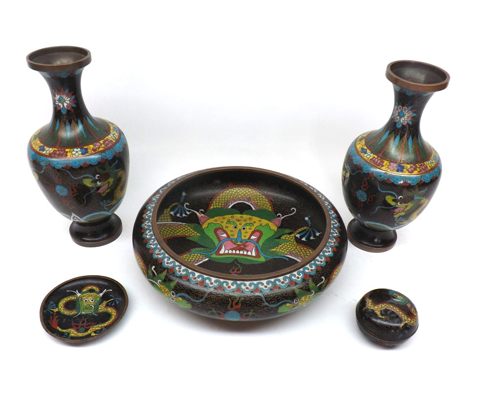 A collection of various 20th Century Cloisonné wares comprising two baluster Vases, a circular