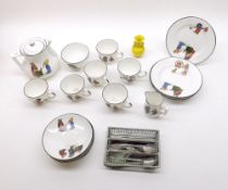 An Osborne China Childs Tea Service, decorated in colours with Nursery Rhyme type scenes depicting
