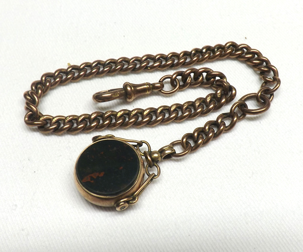 A late Victorian Gold curb link Albert with swivel Bloodstone Fob and Snap, 23cms long, weighing