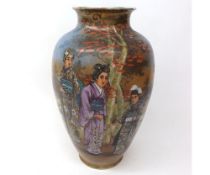A 20th Century Oriental baluster Vase painted in colours with figures, distant pagodas and