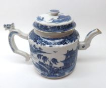 A Nankin Teapot of cylindrical form, painted in under glazed blue with a Chinese River scene, the