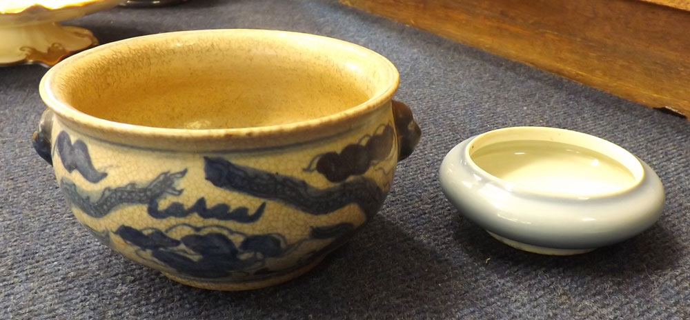 A small Chinese circular compressed Pot of baluster form, decorated in plain under glazed blue, the - Image 4 of 8