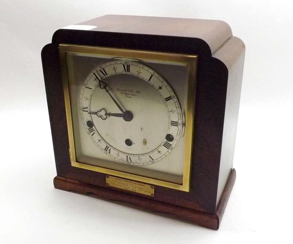 A late 20th Century Mahogany cased Mantel Clock, Elliott, Retailed by Garrard & Co 112 Regent