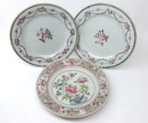 A collection of three 18th Century and later Chinese circular Plates, two decorated with central