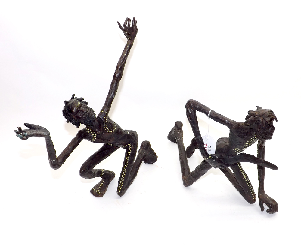 A pair of 20th Century Cast Bronze Models of Aboriginal Figures with Boomerang, the largest 13?