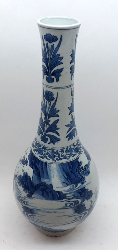 A Chinese large Spill Vase of baluster form, the lower body decorated in under glazed blue with - Image 2 of 8