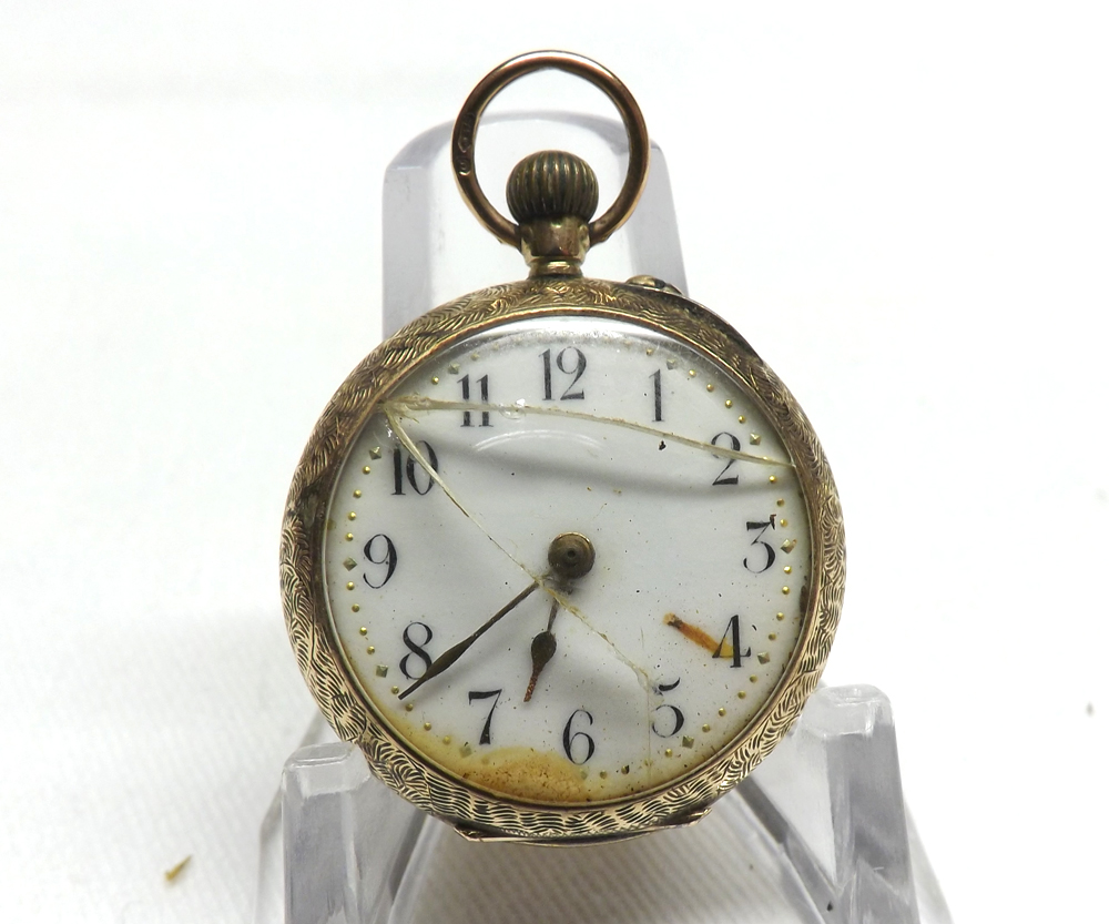 An early 20th Century hallmarked 9ct Gold Fob Watch, gilt hands to a cream enamel dial with Arabic